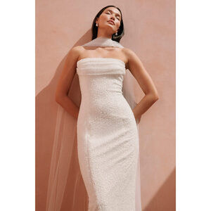 Lulus Catriona White Beaded Cowl Neck Strapless Midi Dress - Size L